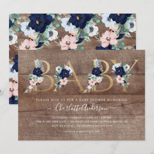 Invitation Rustic Oh Baby Marine Bleu Blush Baby shower flora