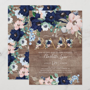 Invitation Rustic Oh Baby Marine Bleu Blush Baby shower flora
