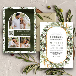 Invitation Rustic Olive Feuille Photo Collage QR Code Mariage