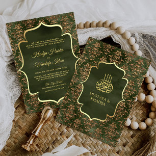 Invitation Rustic Olive Green Gold Damask Muslim Wedding