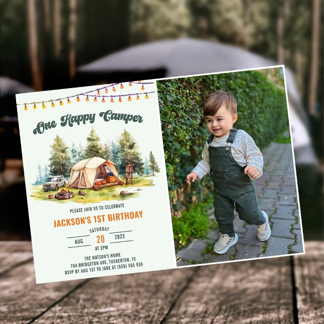 Invitation Rustic One Happy Camper 1ère fête d'anniversaire (Créateur téléchargé)