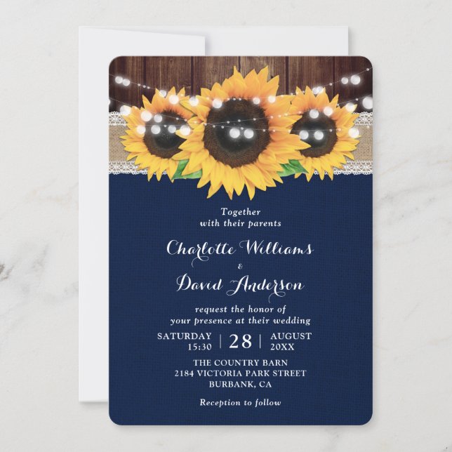 Invitation Rustic Pays Marine Blue Sunflower Grange Mariage (Devant)
