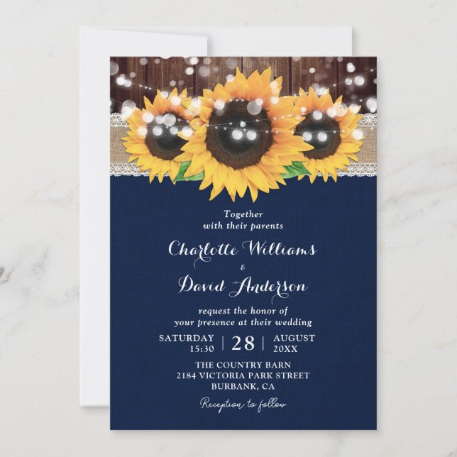 Invitation Rustic Pays Marine Blue Sunflower Grange Mariage (Devant)