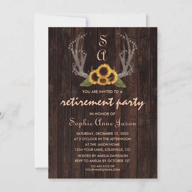 Invitation Rustic Pays Tournesol Antlers Parti de retraite (Devant)
