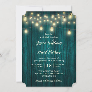 Invitation Rustic Pays Turquoise Bois Chaîne Lumière Mariage