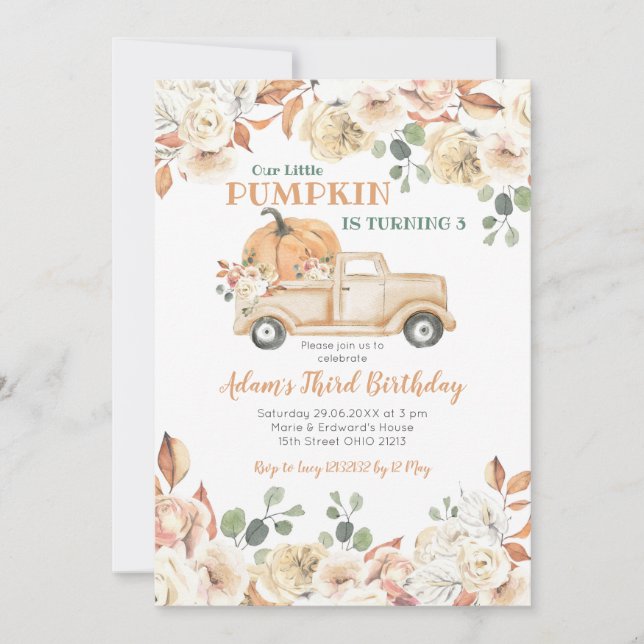 Invitation Rustic Peach Citrouille de camion fête ses 3 ans (Devant)