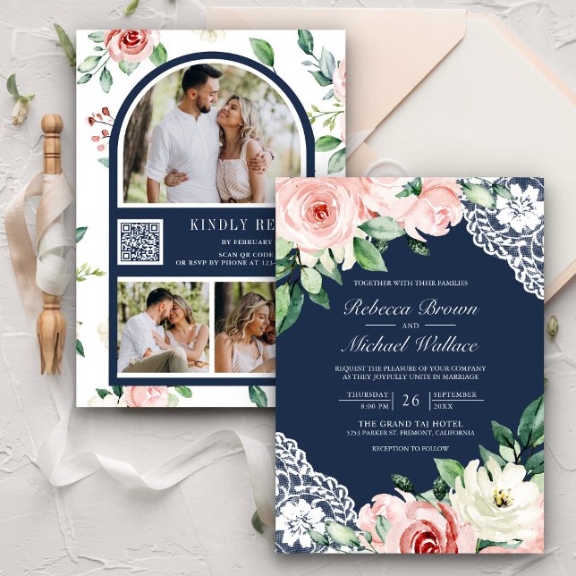 Invitation Rustic Peach Floral Lace Navy Blue QR Code Wedding (Créateur téléchargé)
