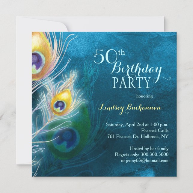 Invitation Rustic Peacock Blue 50th Birthday Party (Devant)