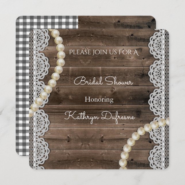 Invitation Rustic Pearls & Lace Bridal Douche (Devant / Derrière)