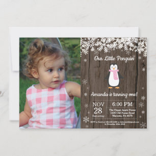 Invitation Rustic Penguin Winter Girl Photo Anniversaire
