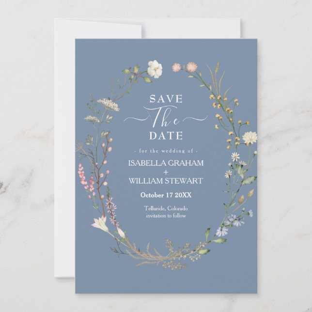 Invitation Rustic Periwinkle Boho Fleur sauvage Enregistrer l (Devant)