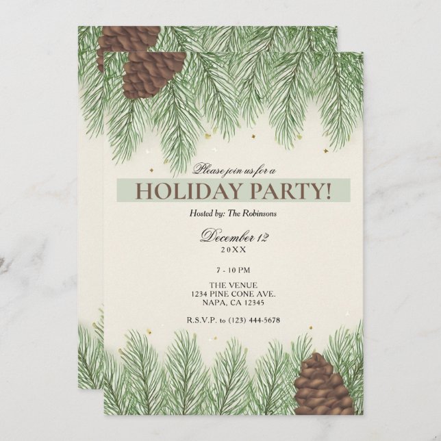 Invitation Rustic Pine Cones & Fir Christmas Holiday Party (Devant / Derrière)