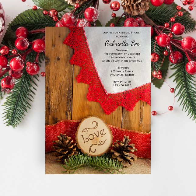Invitation Rustic Pines and Red Lace Winter Bridal Shower (Set a festive tone with the Rustic Pines and Red Lace Winter Woodland Bridal Shower Invitation.)