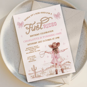Invitation Rustic Pink Bows Girls Premier Rodéo 1er Anniversa