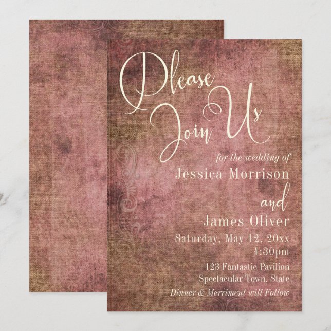 Invitation Rustic Pink & Burlap Mariage de typographie Vintag (Devant / Derrière)