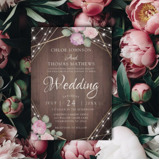 Invitation Rustic Pink Floral Wood & String Lights Wedding