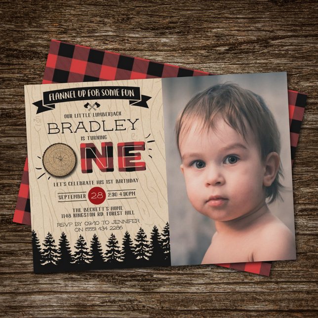 Invitation Rustic Plaid Lumberjack Boys 1er Anniversaire Phot (Créateur téléchargé)