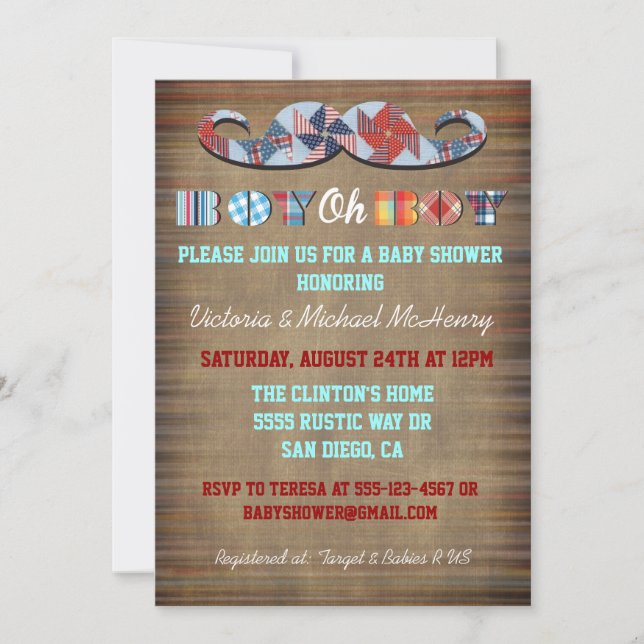 Invitation Rustic Plaid Mustache Baby Boy Baby shower Invitat (Devant)