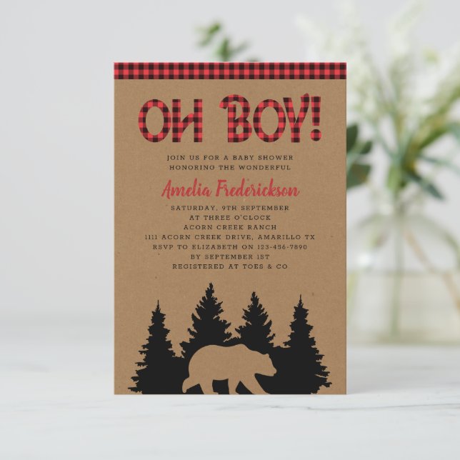 Invitation Rustic Plaid Ours Oh Baby shower garçon (Debout devant)