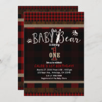 Rustic Plaid Red Baby Bear Un 1er anniversaire fêt