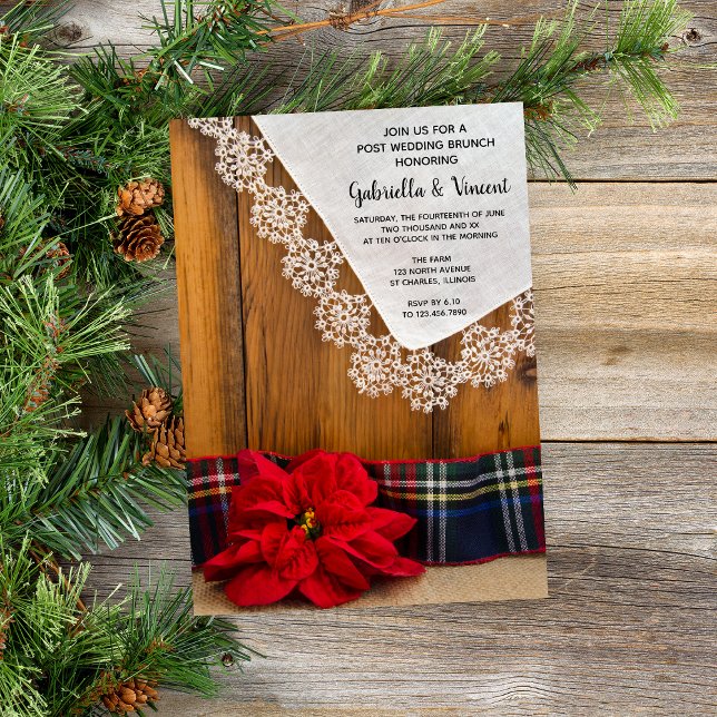 Invitation Rustic Poinsettia Plaid Winter Post Mariage Brunch (Set a festive tone for your December wedding with this wintery Save the Date Announcement Card.)