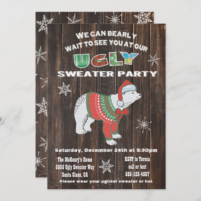 Invitation Rustic Polar Bear Fête de Sweat moche (Devant / Derrière)