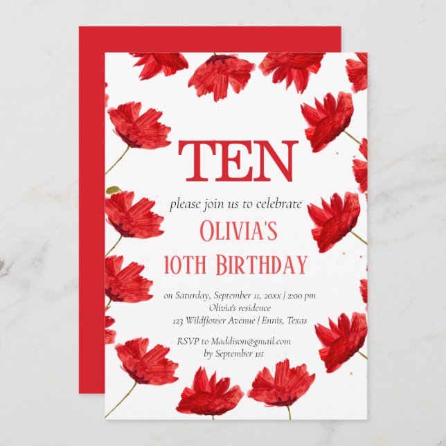 Invitation Rustic Poppy 10e anniversaire Fleur sauvage Rouge  (Devant / Derrière)