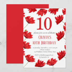 Invitation Rustic Poppy 10e anniversaire Fleur sauvage Rouge 