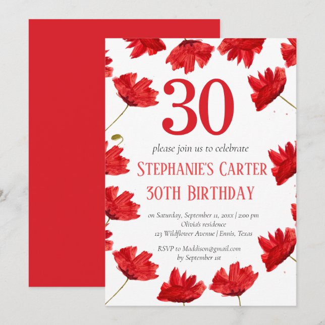 Invitation Rustic Poppy 30e anniversaire Fleur sauvage Rouge  (Devant / Derrière)
