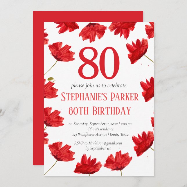 Invitation Rustic Poppy 80e anniversaire Fleur sauvage Rouge  (Devant / Derrière)