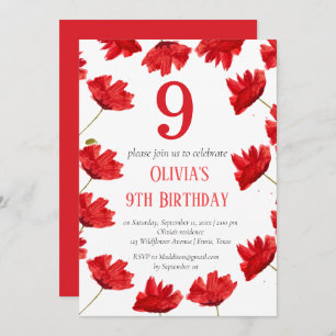 Invitation Rustic Poppy 9e anniversaire Fleur sauvage Rouge F
