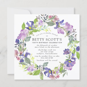 Invitation Rustic Purple et Blue Floral 100e fête d'anniversa
