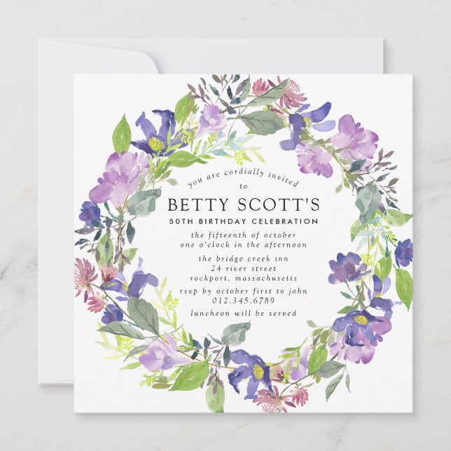 Invitation Rustic Purple et Blue Floral 50e fête d'anniversai (Devant)