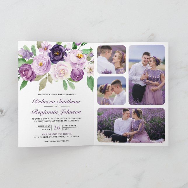 Invitation Rustic Purple Floral All in One QR Code Wedding (Intérieur)