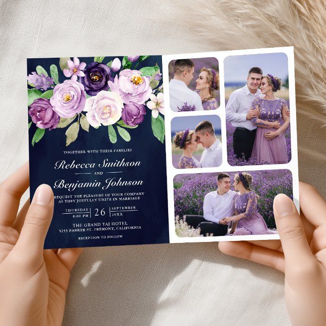 Invitation Rustic Purple Floral QR Code Navy Blue Wedding (Créateur téléchargé)