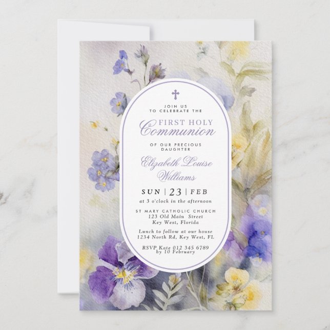 Invitation Rustic Purple & Yellow First Holy Communion (Devant)