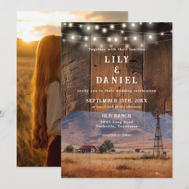 Invitation Rustic Ranch Barn Wood String Lights Photo Wedding (Devant / Derrière)