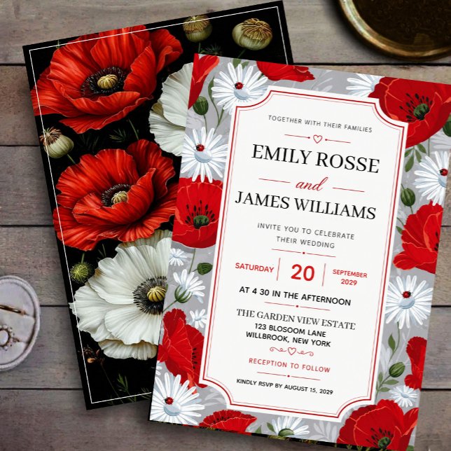 Invitation Rustic Red Poppy and Daisy Wildflower Garden  (Créateur téléchargé)