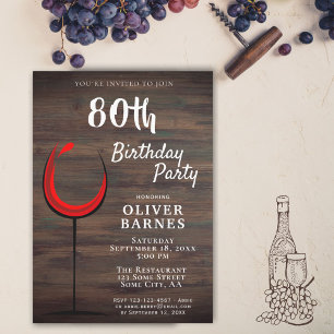 Invitation Rustic Red Wine 80e fête d'anniversaire