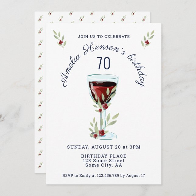 Invitation Rustic Red Wine Rose aquarelle 70e anniversaire (Devant / Derrière)