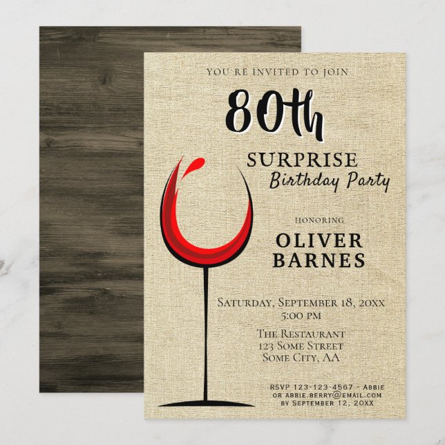 Invitation Rustic Red Wine Surprise 80e anniversaire (Devant / Derrière)