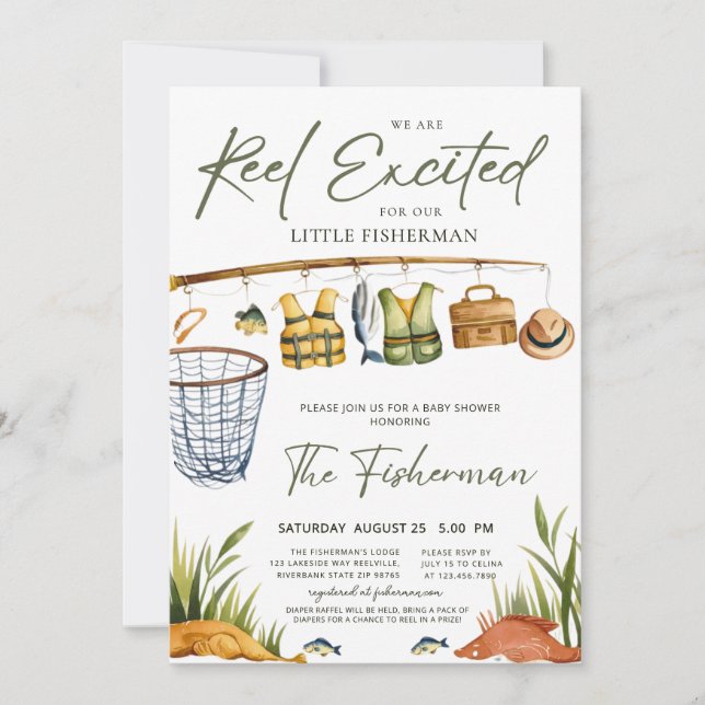 Invitation Rustic Reel Excited Little Fisherman Baby Shower  (Devant)