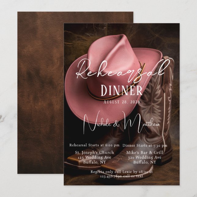 Invitation Rustic Romance : Boots & Dîner de répétition Casqu (Devant / Derrière)