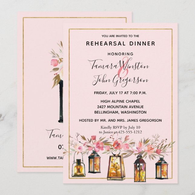Invitation Rustic Romance Lanterns Rose Dîner de répétition d (Devant / Derrière)
