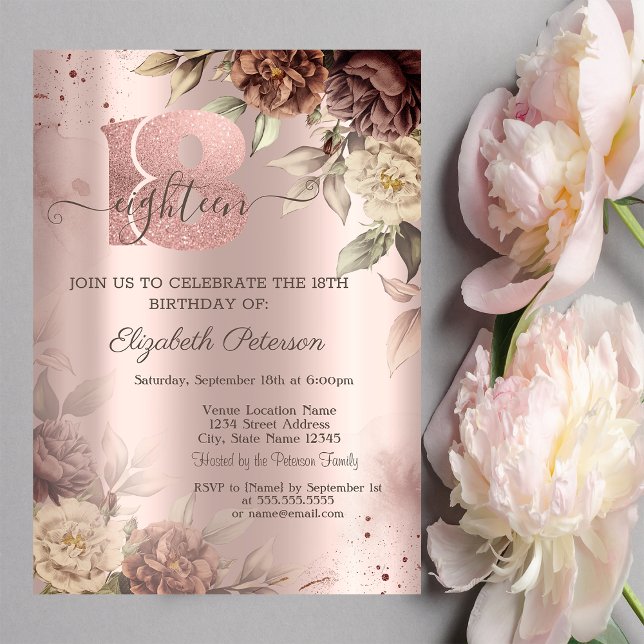 Invitation Rustic Roses Rose Gold 18e Anniversaire (Créateur téléchargé)