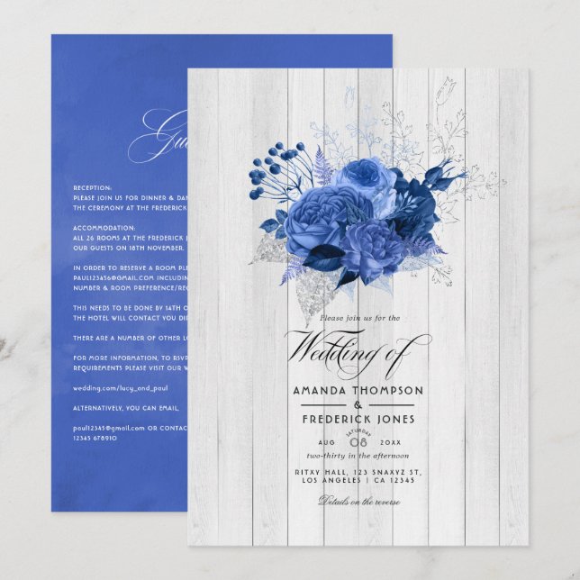 Invitation Rustic Royal Blue et Silver Floral Mariage (Devant / Derrière)