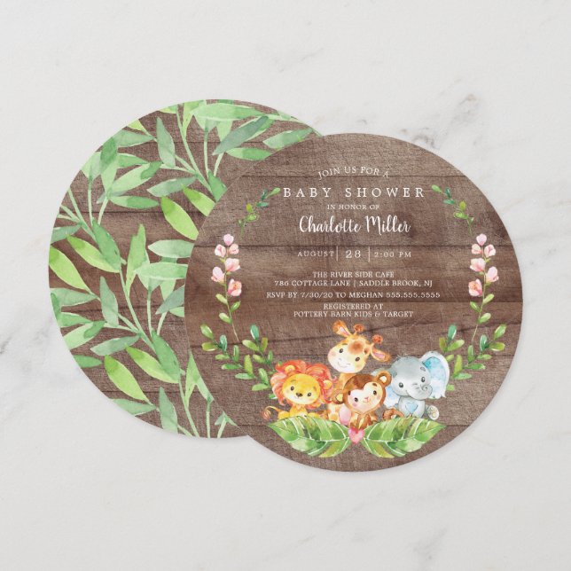 Invitation Rustic Safari Jungle Animaux Baby shower Garçons (Devant / Derrière)