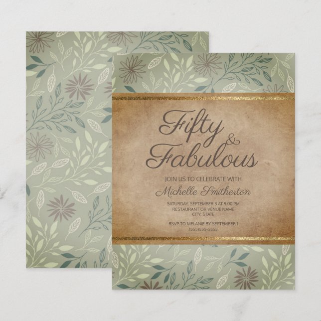 Invitation Rustic Sage Feuille Floral Gold 50e anniversaire (Devant / Derrière)