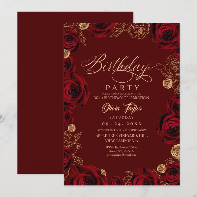 Invitation Rustic Script Burgundy Rose Birthday  (Devant / Derrière)
