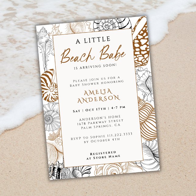 Invitation Rustic Sea Shell Line Art Beach Babe Baby shower (Créateur téléchargé)